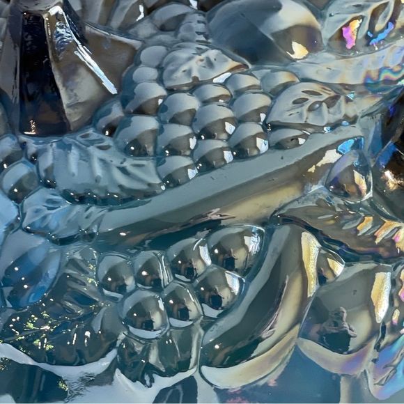 Vintage Indiana Glass Iridescent Blue Harvest Grape Footed Fruit Bowl 12 3/8” - Picture 9 of 12